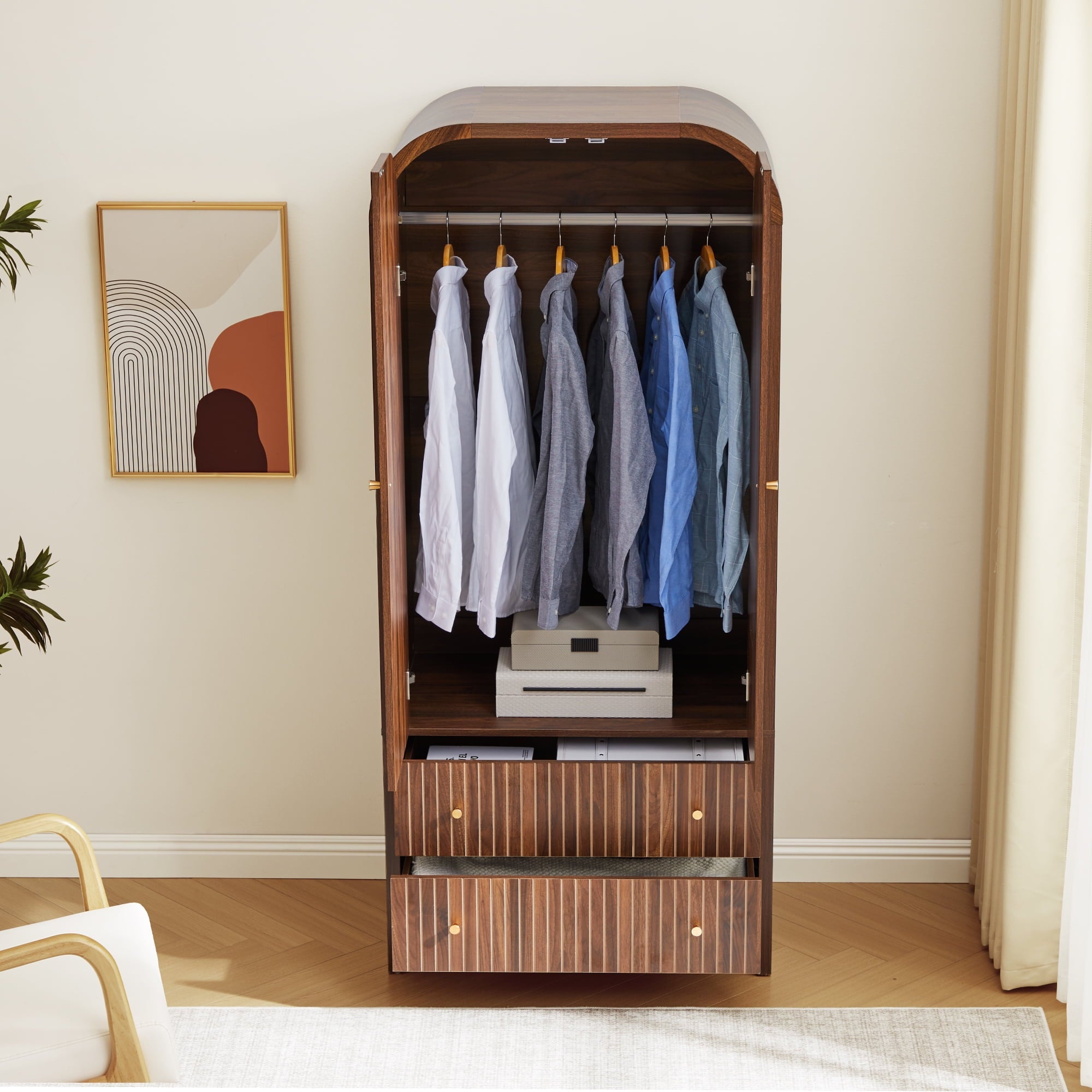 Wirrytor Freestanding Wooden Armoire Wardrobe with 2 Woven Doors and Storage Drawers, Space-Saving Closet Cabinet for Bedroom, Sturdy Mdf Board Closet with Hanging Rail