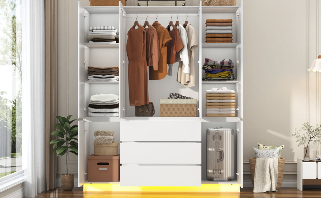 75 Tall 3 Doors Armoire Wardrobe Closet with  3 Drawers and Mirror, Large Wardrobe Closet for Bedroom with LED Lights, Wooden Armoire Storage Cabinet with Hanging Rod, Adjustable shelves (White)