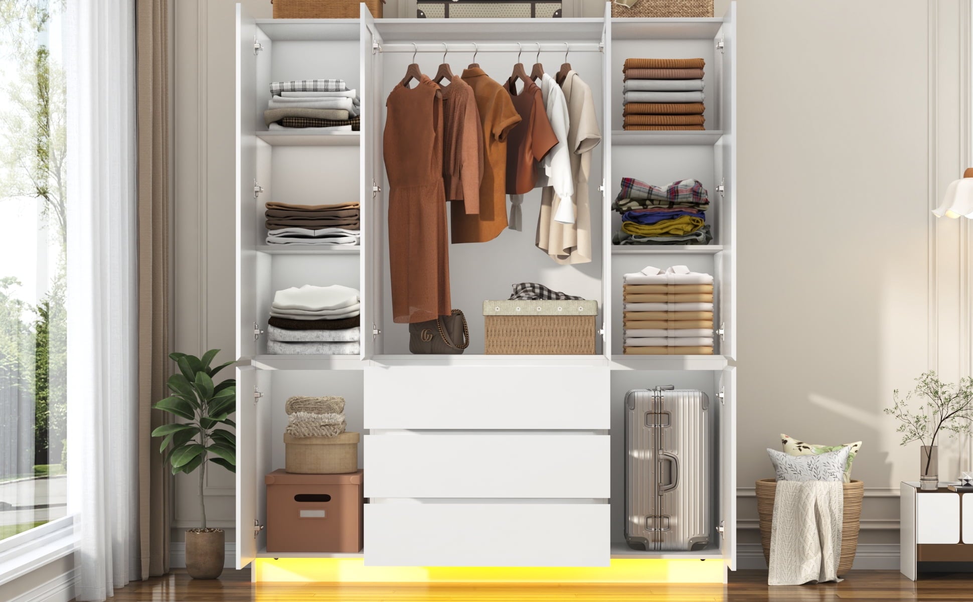 75 Tall 3 Doors Armoire Wardrobe Closet with  3 Drawers and Mirror, Large Wardrobe Closet for Bedroom with LED Lights, Wooden Armoire Storage Cabinet with Hanging Rod, Adjustable shelves (White)