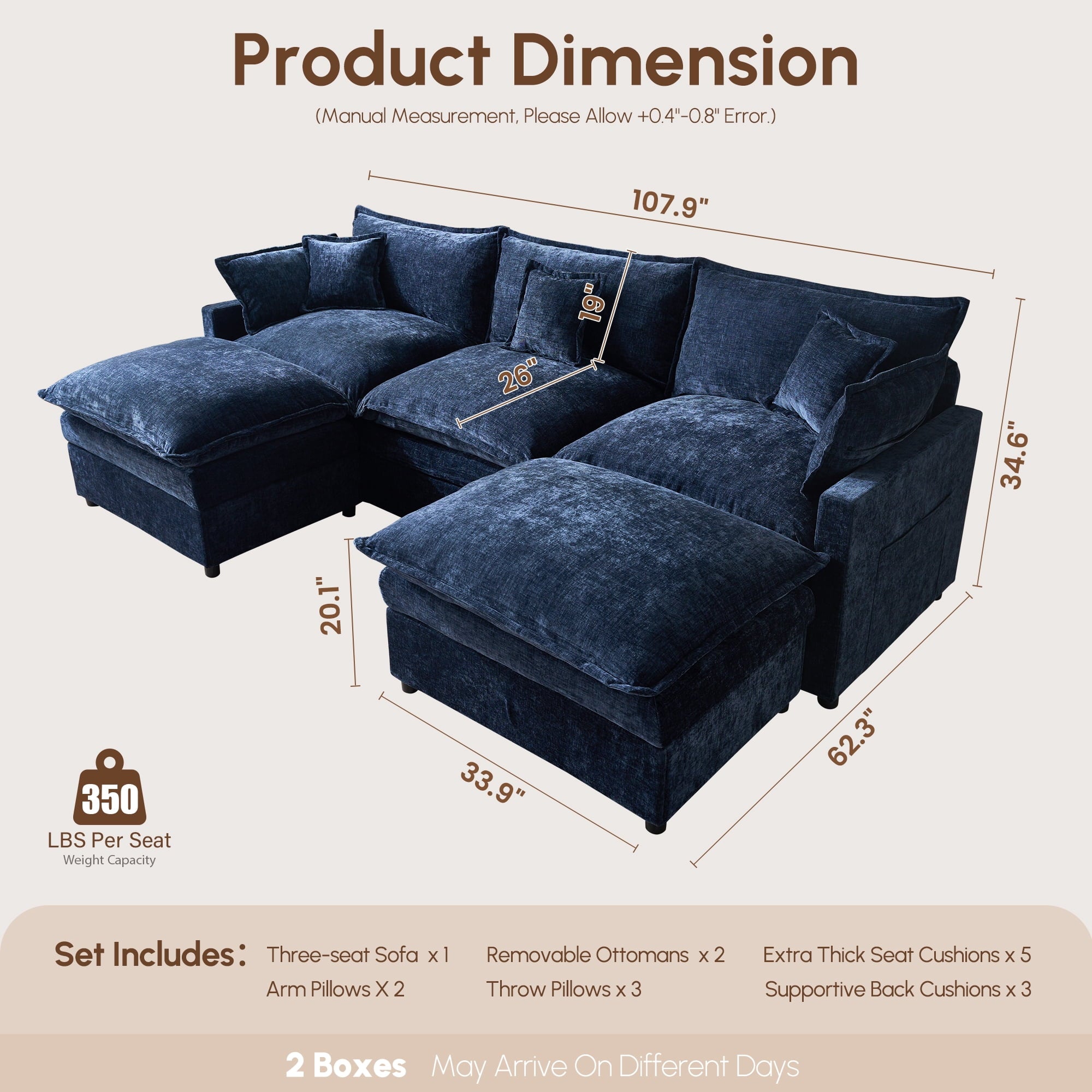 Ovios 108 Modular Sectional Sofa U-Shaped Cloud Couch with 2 Ottomans, Comfy Living Room Furniture, Chenille, Gray