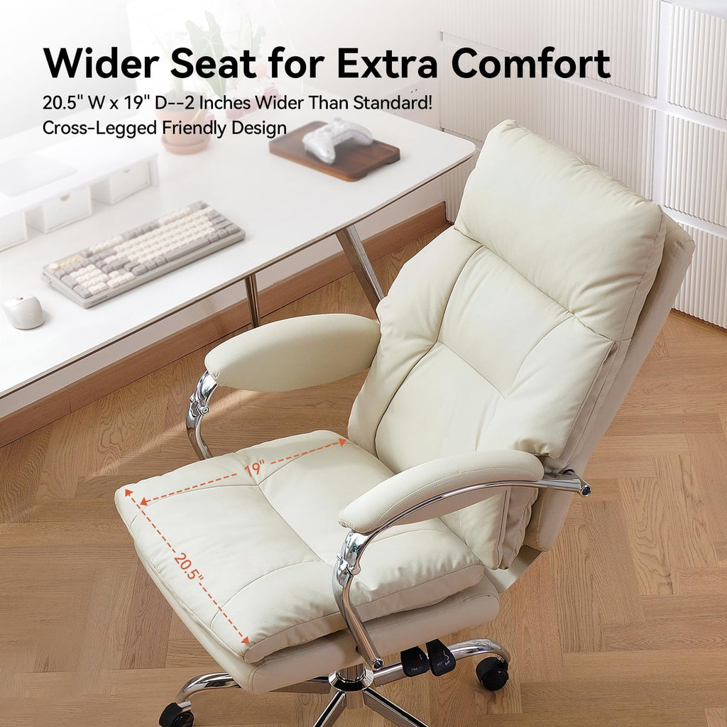 LEAGOO Reclining Office Chair with Foot Rest, Executive Office Chairs with Arms, Ergonomic High Back PU Leather Comfy Swivel Computer Desk Chairs with Wheels and Lumbar Support for Home Office, White