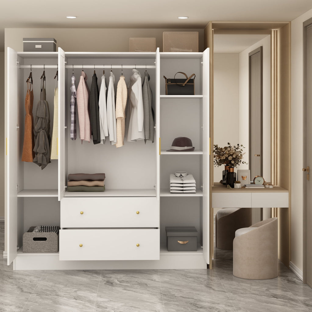 Wiawg 2 Door Wardrobe Armoire,Mirrored Closet Storage with Drawers and Shelves,White