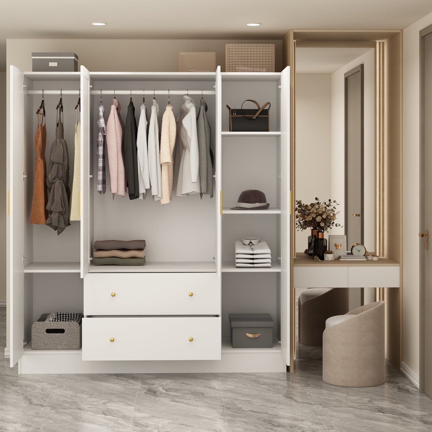 Wiawg 2 Door Wardrobe Armoire,Mirrored Closet Storage with Drawers and Shelves,White