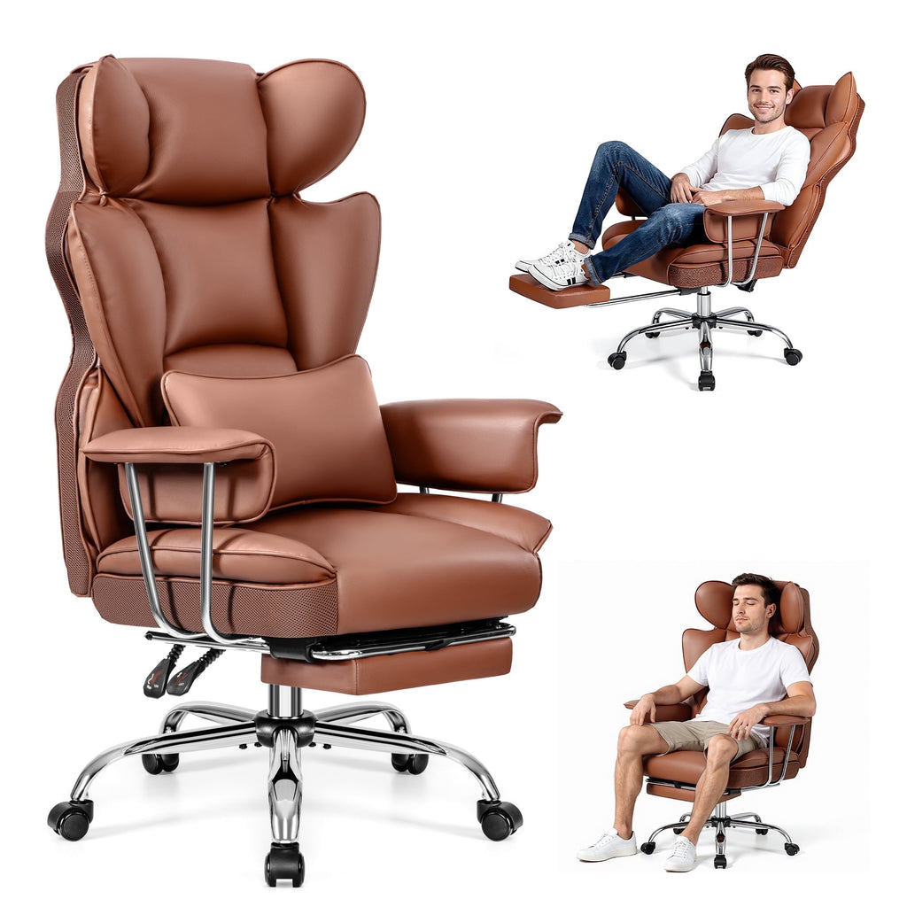 Primy High Back Office Chair, Big and Tall PU Leather Executive Chair with Footrest – Ergonomic Reclining Computer Desk Chair, High-Density Foam, Heavy Duty Swivel Rolling Chair, Black