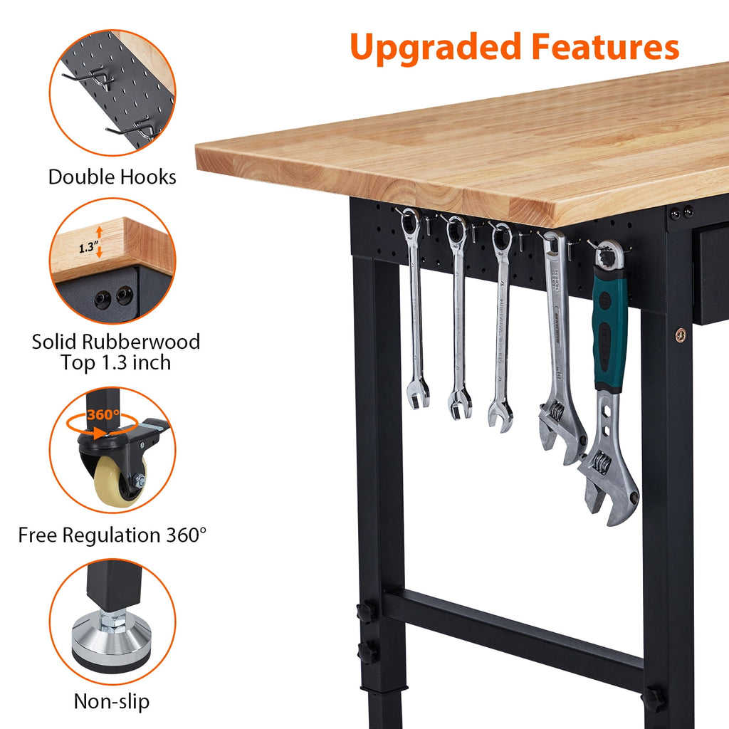 Garvee 60 x 22 in Garage Workbench with Rubber Wood Top & Cold Rolled Steel Structure, Work Bench with Drawer, Power Strip with 9 ft Cord