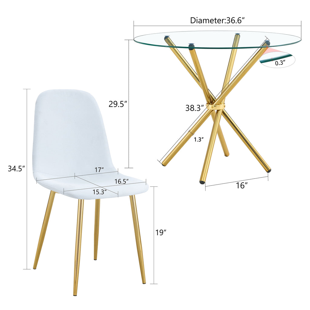 LUFTUT 36.6 Round Glass Dining Table, Modern Gold Base Kitchen Table, Small Space Bistro Table, Clear Tempered Glass Top for Apartmen