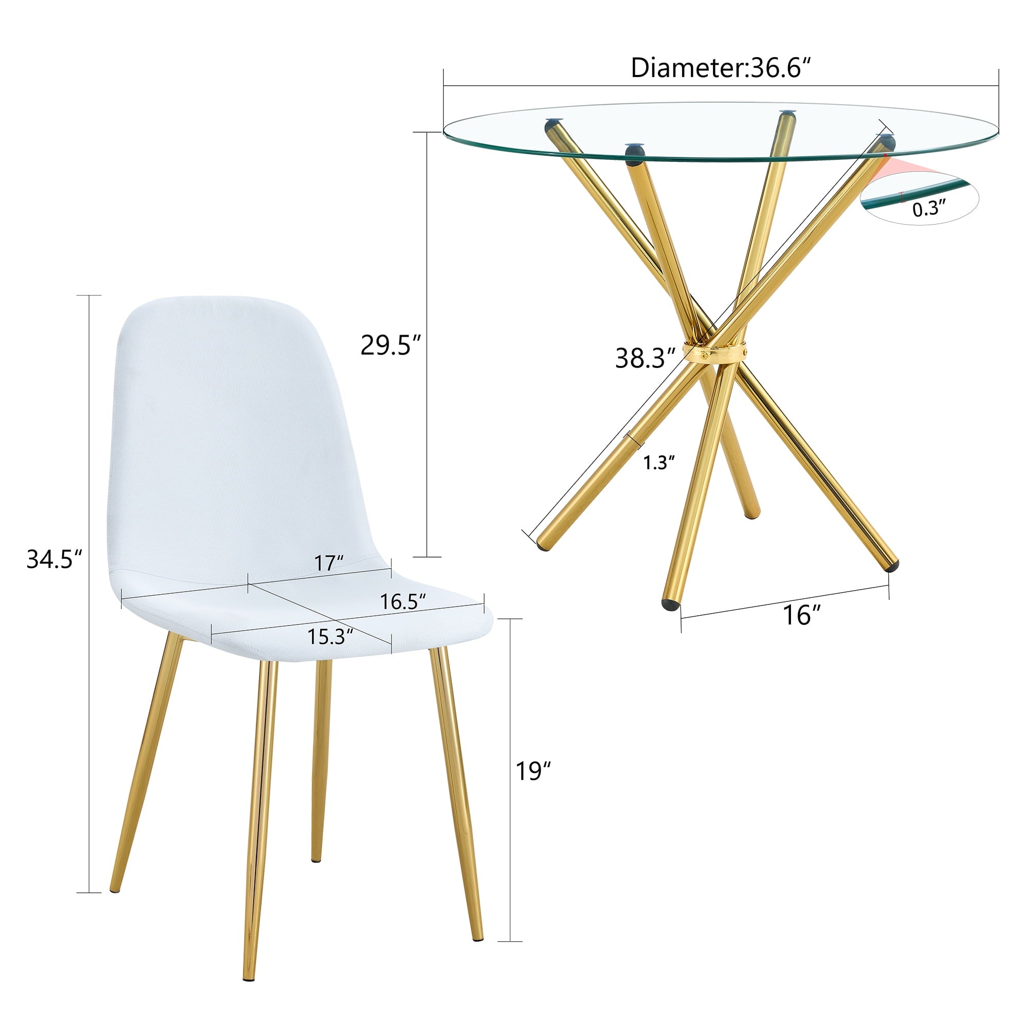 LUFTUT 36.6 Round Glass Dining Table, Modern Gold Base Kitchen Table, Small Space Bistro Table, Clear Tempered Glass Top for Apartmen