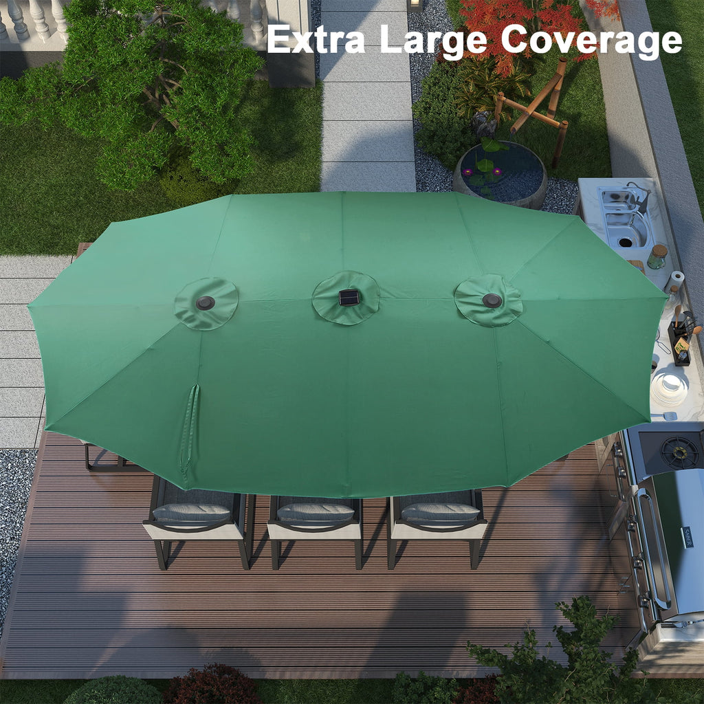 Ainfox 15ft Large Patio Umbrella with Solar Lights, Double-Sided Outdoor Rectangle Table Umbrellas with Sand Bag Base，Beige