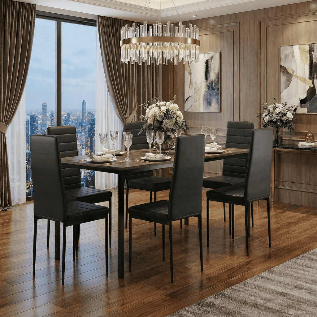 7 Piece Dining Table Set for 6, Kitchen Dining Room Furniture with 6 PU Leather Upholstered Chairs, Suitable for Apartment Small Space, Black