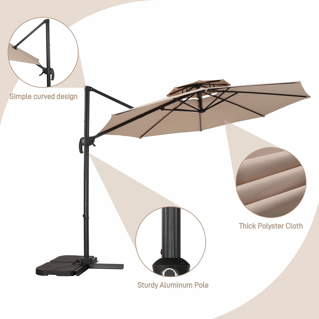 Ainfox 10ft Double Top Heavy-Duty Patio Cantilever Umbrella with lights and Cross Base, Outdoor Large Offset Hanging Aluminum Rotation Sun Shade Solar Umbrella with 360°Rotation Adjustable,Khaki