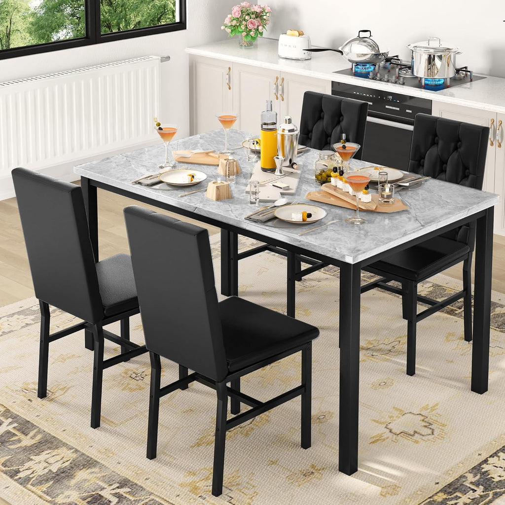 AWQM 5 Piece Dining Table Set, Faux Marble Kitchen Table and Chairs for 4, Dining Room Table Set with 4 PU Leather Chairs, White