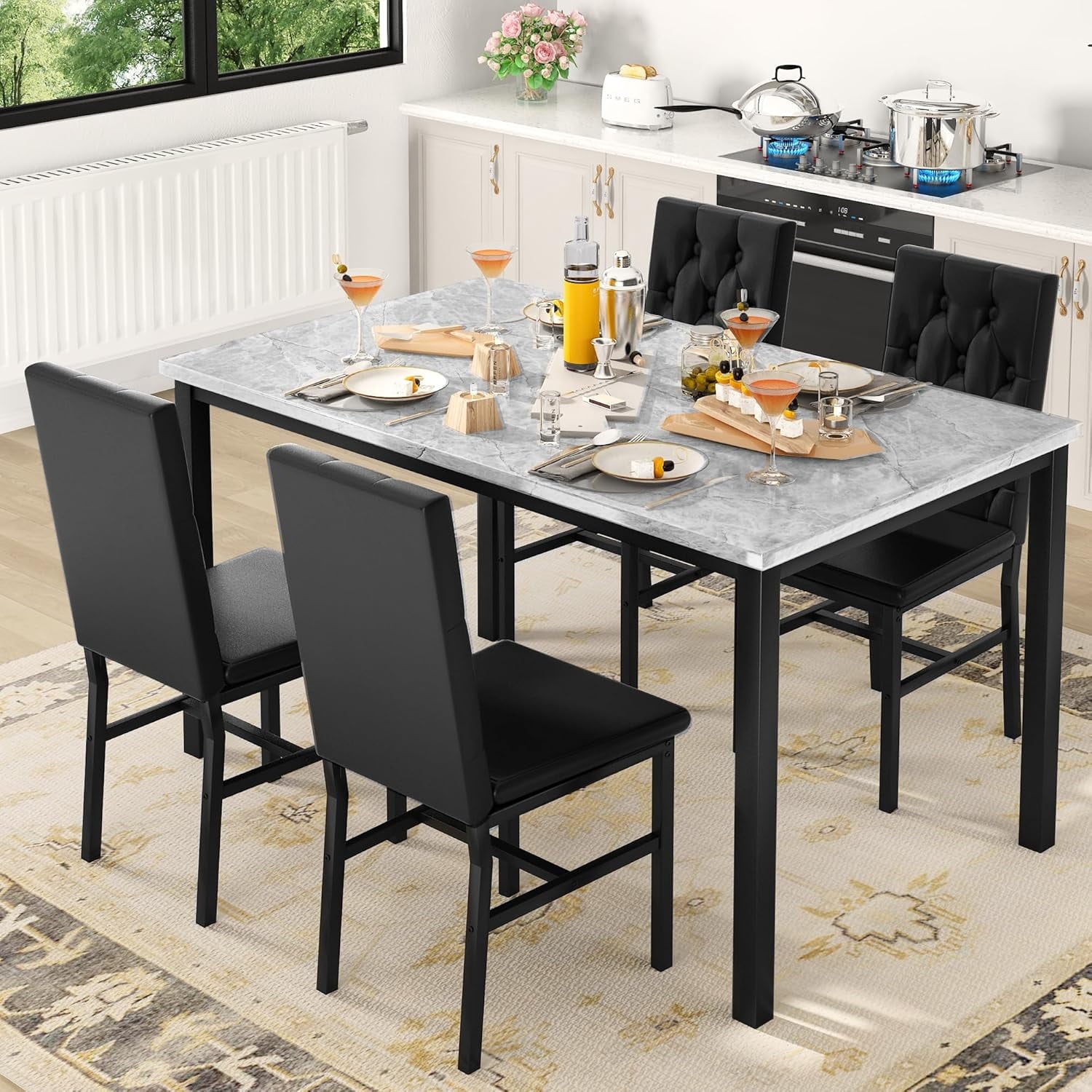 AWQM 5 Piece Dining Table Set, Faux Marble Kitchen Table and Chairs for 4, Dining Room Table Set with 4 PU Leather Chairs, White