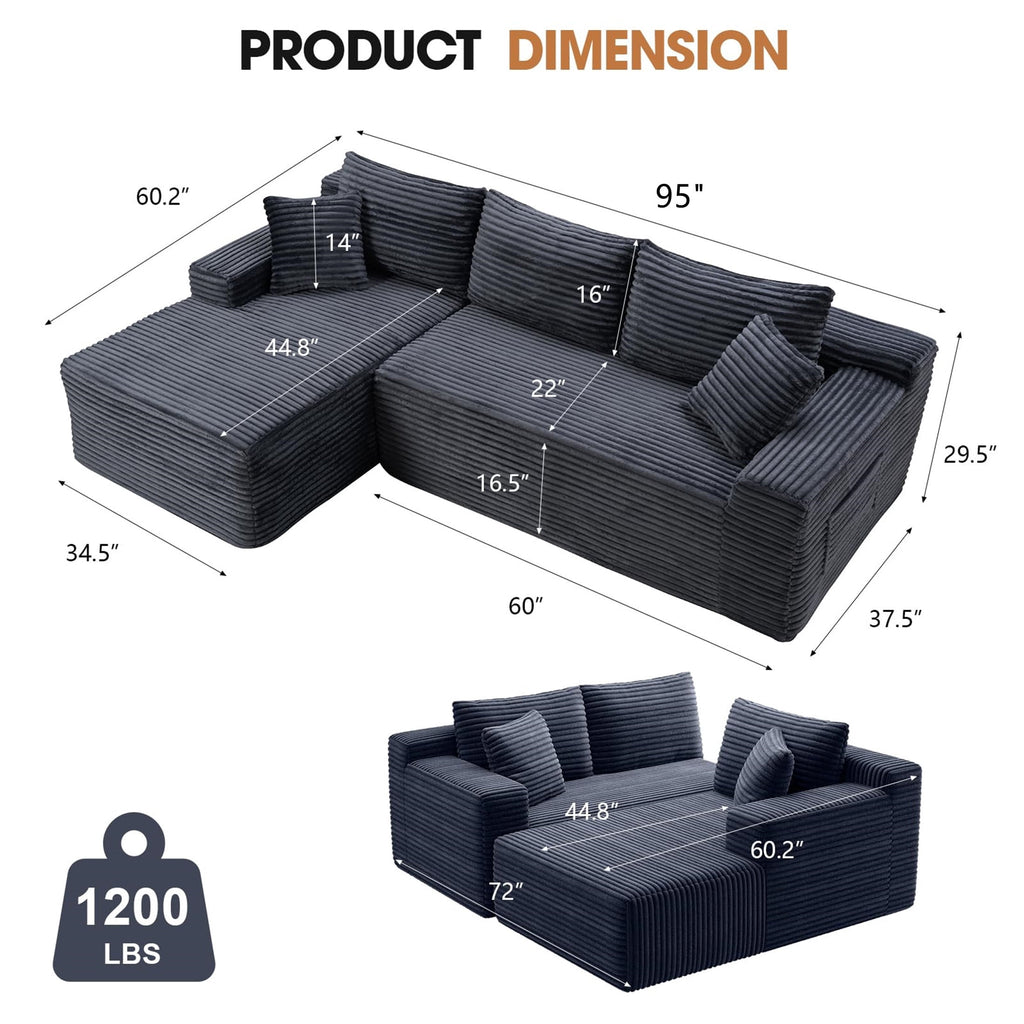 Aukfa 95 Cloud Sectional Sofa Deep Seat Boneless Couch Modular L-Shaped Couch, Left Chaise Corduroy Sofa for Living Room, Black