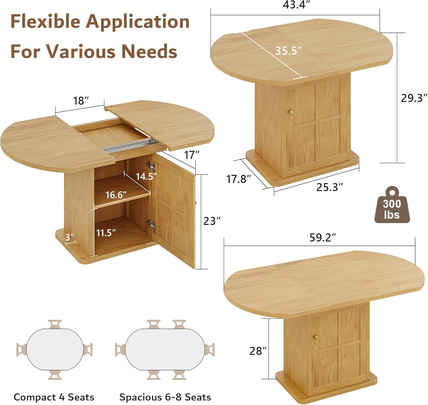 iPormis Extendable Round Dining Table for 4-6, 59'' Modern Kitchen Table with 2-Tier Storage Shelf, Wood Door, MDF Board, Space Saving Oval Dinner with Sturdy Pedestal Base, Kitchen, Dining,Walnut