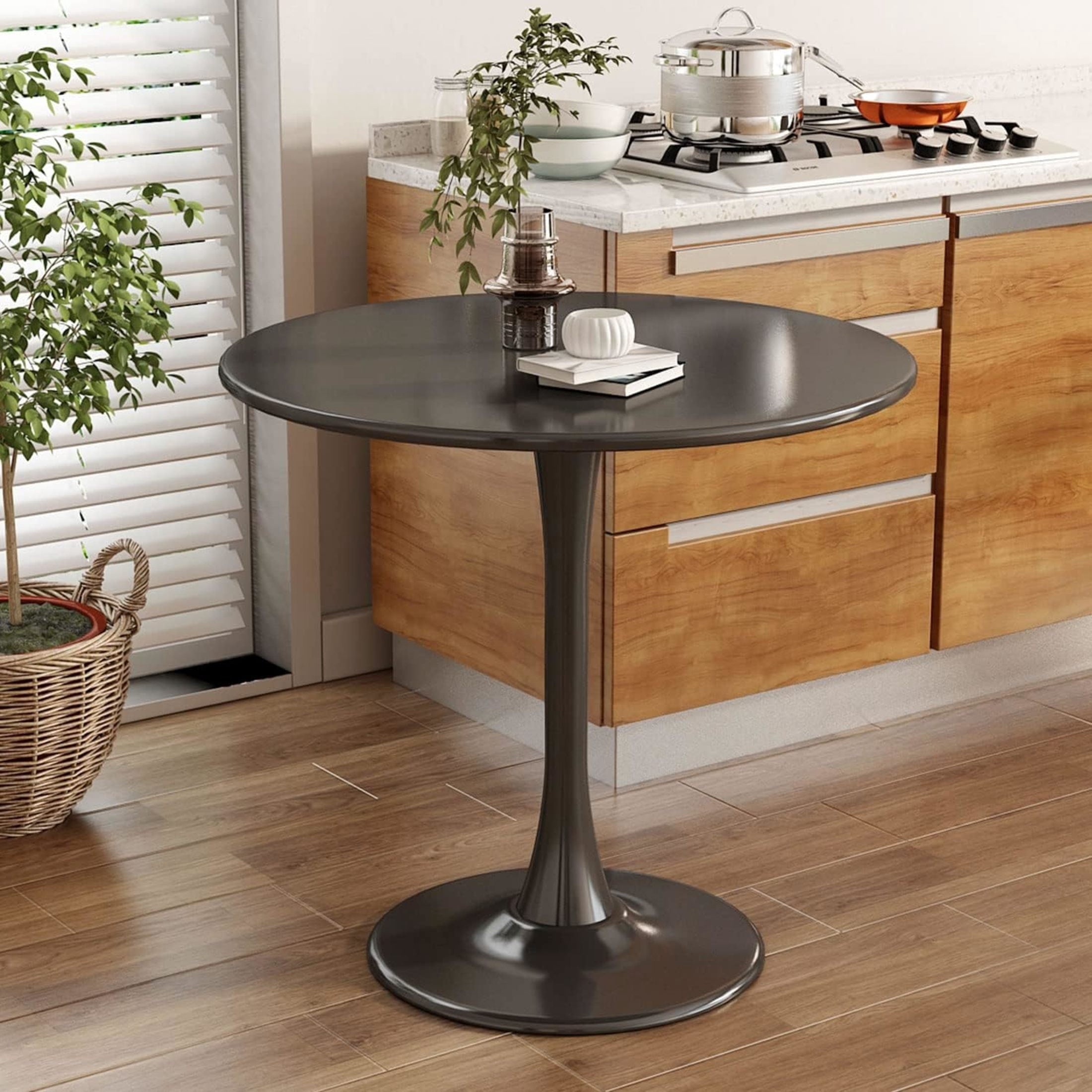 GDF Studio 24 Round Modern Dining Table, Wooden Top Tulip Table with Steel Pedestal Base, Kitchen Table, Walnut