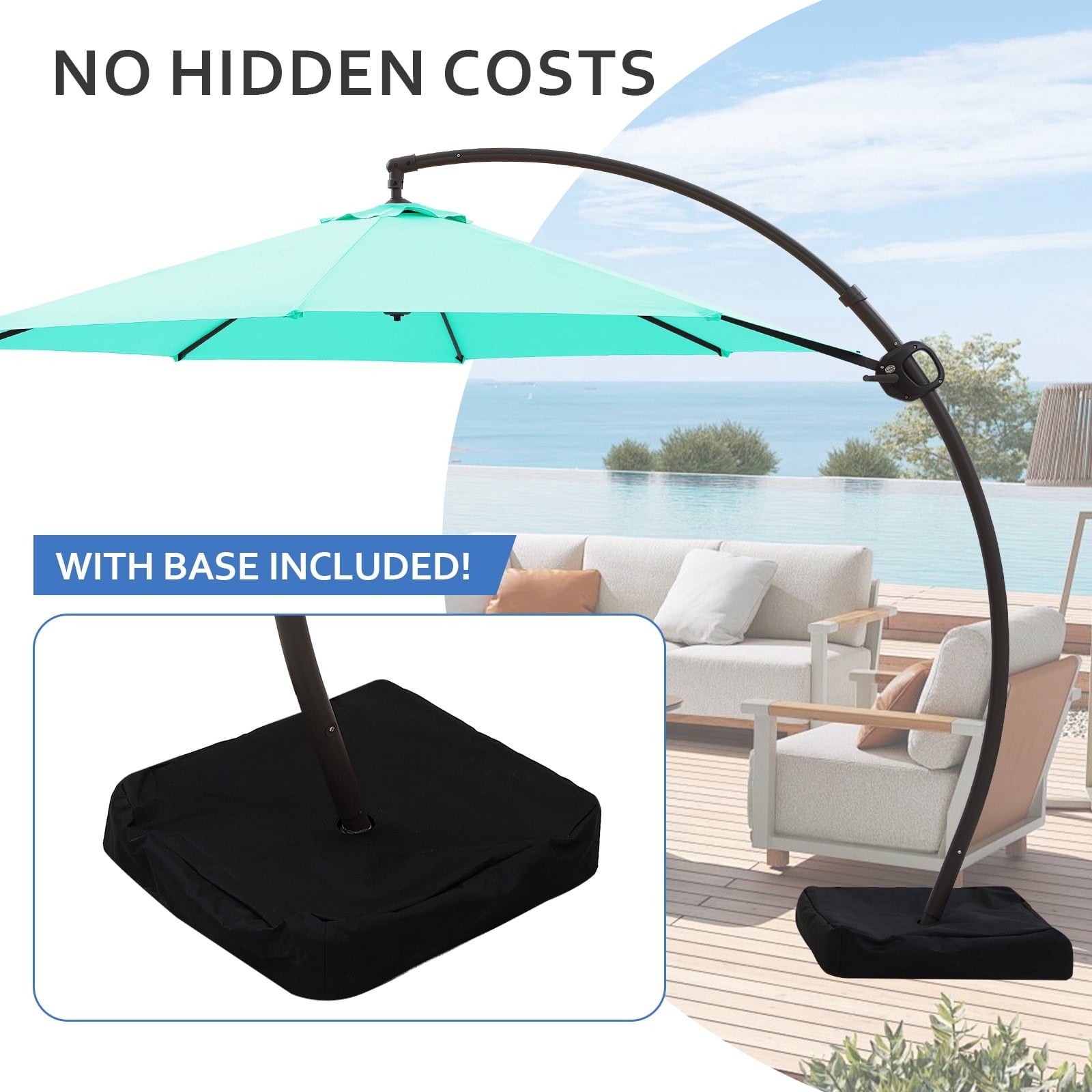 FUNDAZE 11ft Market Patio Umbrella with Base, Curved Cantilever Hanging Sun Shade with Crank & Tilt for Garden, Deck, Poolside,Beige