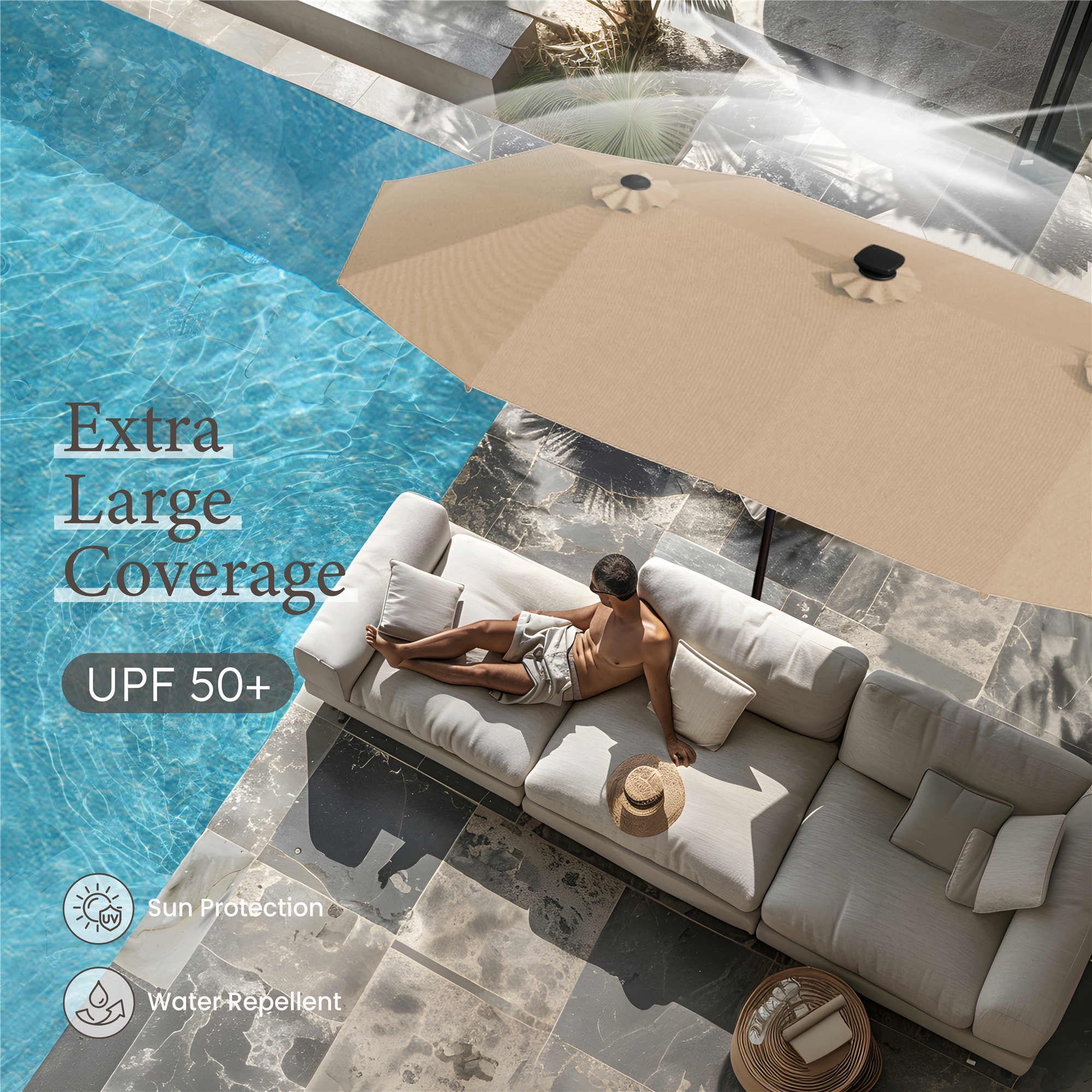 SUMMIT LIVING 13ft Large Patio Umbrella with Multi-Color LED Solar Lights Double-Sided Rectangular Outdoor Table Umbrella – Beige