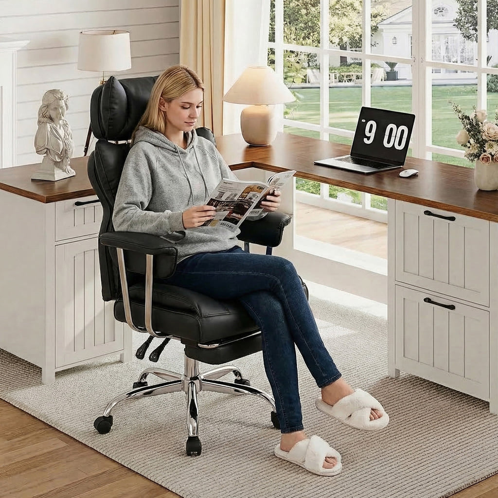 edx Executive Home Office Desk Chair, Ergonomic Big Tall High Back with Footrest & Lumbar Support, Reclining Comfy PU Leather Computer Gaming Chair with Swivel Wheels, Height Adjustable, Black