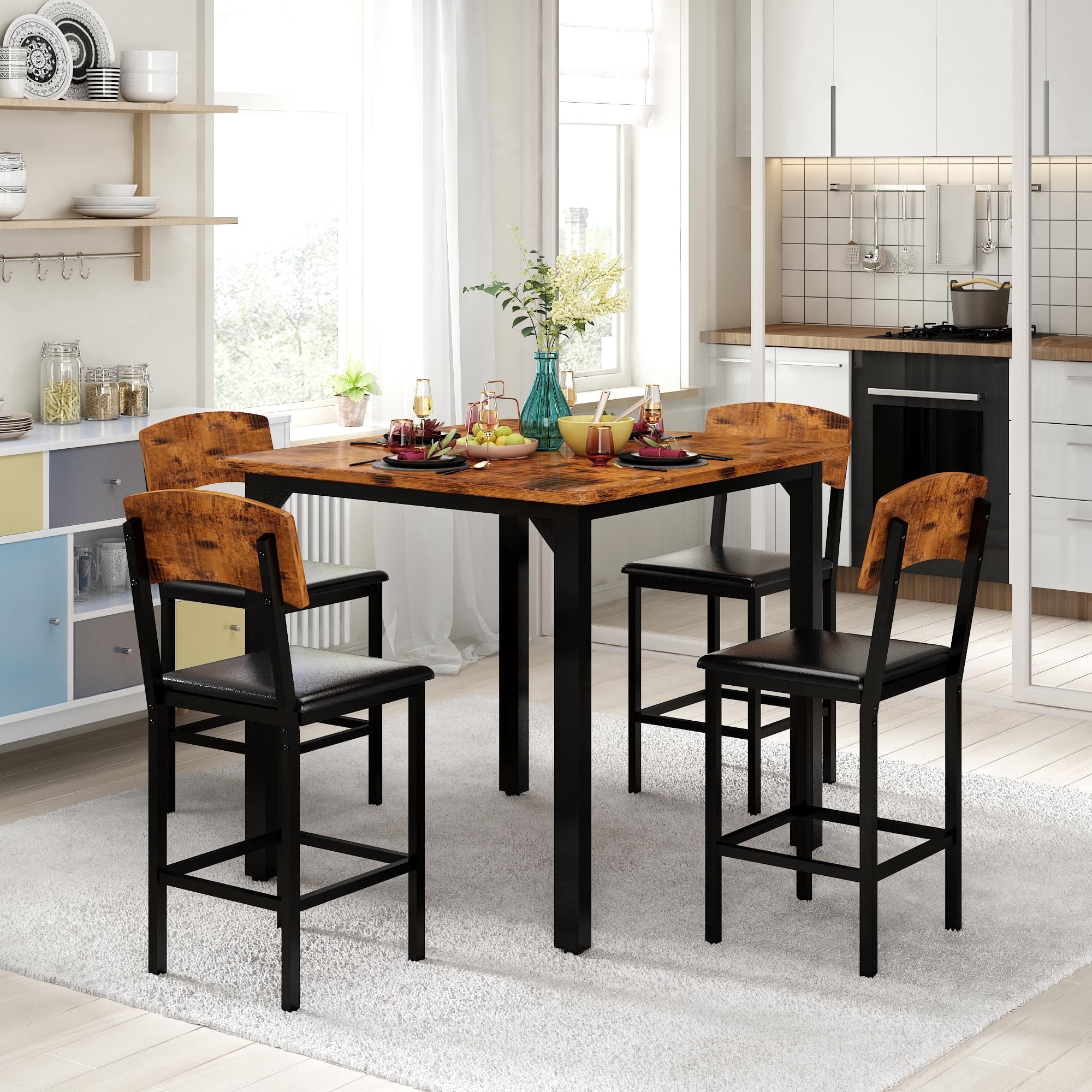 MIERES 5 Piece Dining Table Set High Top Dining Table Set for 4 Counter Height Small Kitchen Table With 4 Velvet Upholstered Chairs, Wood Small Dining Set for Bar Dining Room Breakfast
