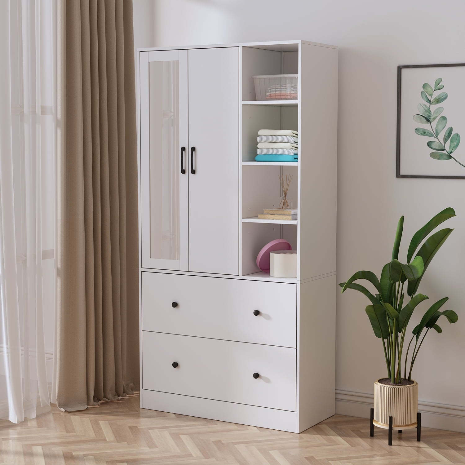 OxyLife 2 Door Wardrobe Armoire, White Closet Storage Organizer with Drawers and Shelves