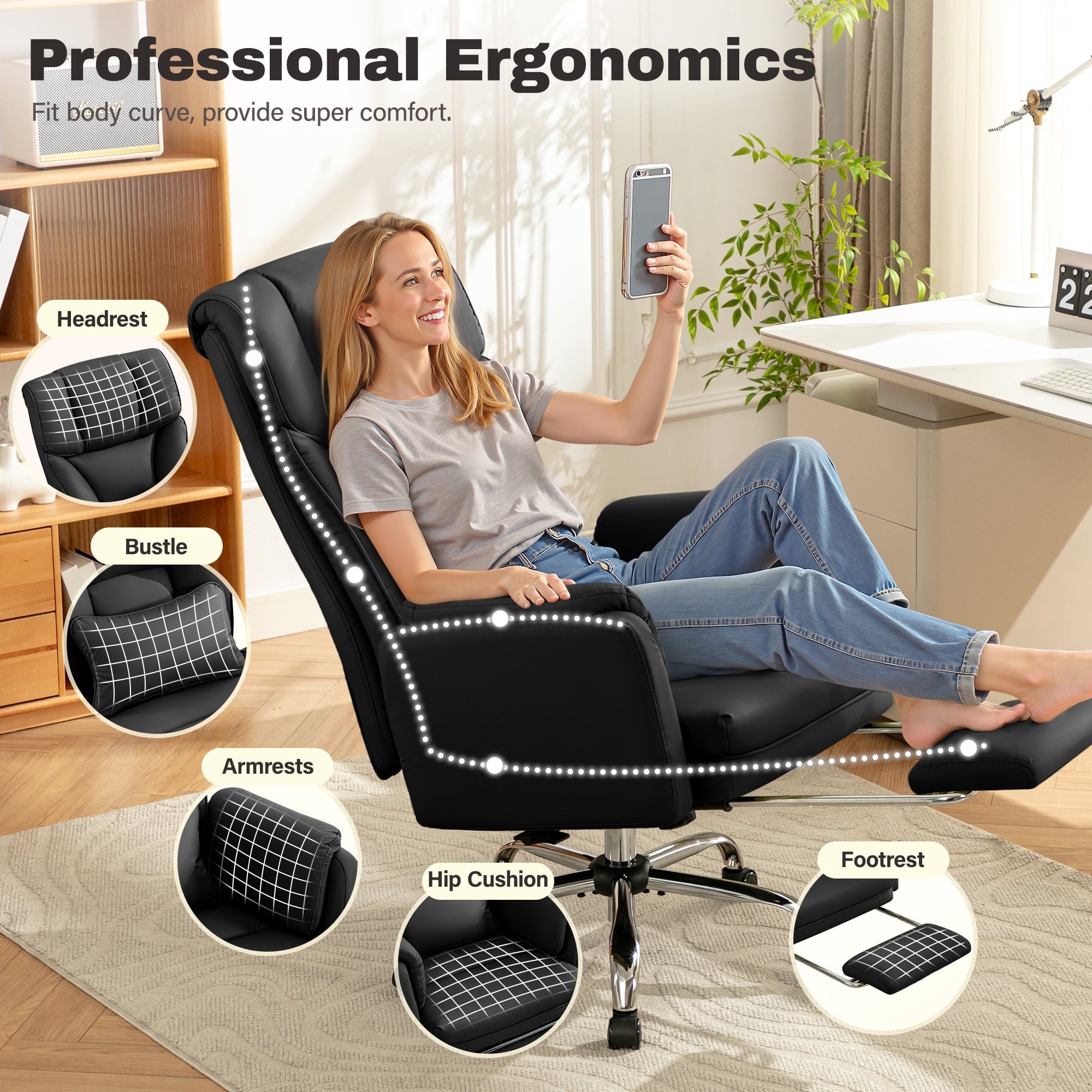 Primy Cross Legged Office Chair with Footrest & Convertible Armrests, 500LBS Capacity Home Desk Chair, Ergonomic Recliner with Lumbar Pillow, Criss Cross Design, Big and Tall Executive Chair