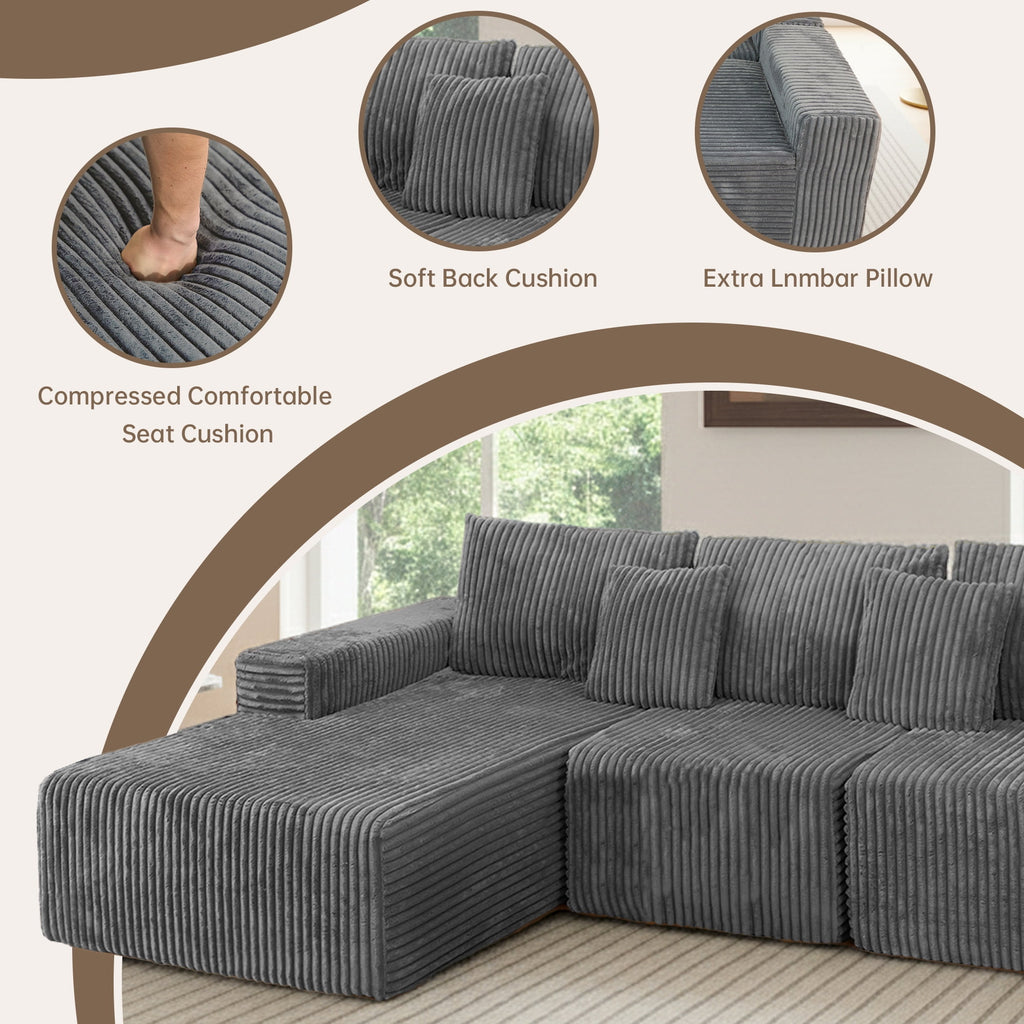 SOULART 138.5 U Shaped Sectional Couch,Gray Cloud Boneless Sofa For Living Room,Plush Corduroy Couches With Deep Seat Chaise Lounge,No Assembly Required