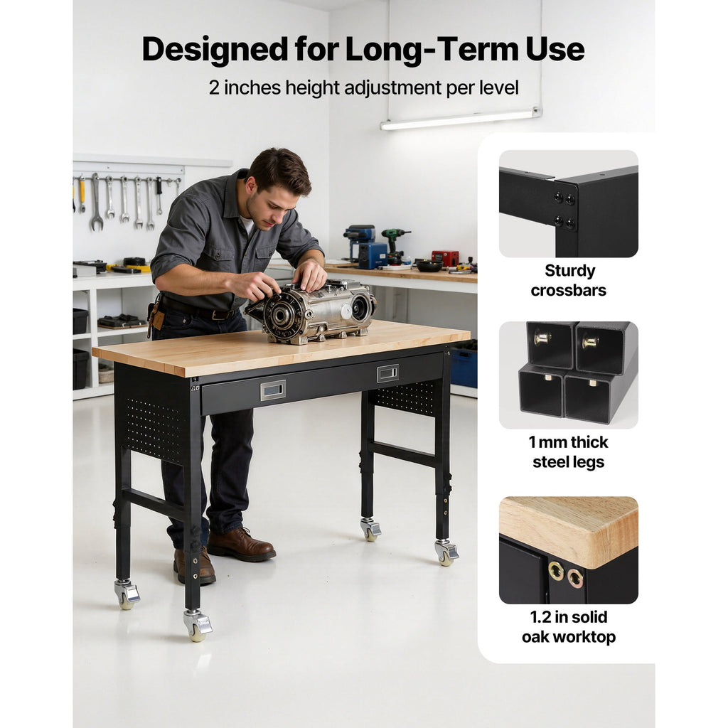 KFFKFF 60-inch Adjustable Workbench with Drawer, Power Outlet, Wheels, and Pegboard, Durable Oak Wood Top Work Table for Garage, Workshop, Office, and Home, Supports Up to 1500 lbs