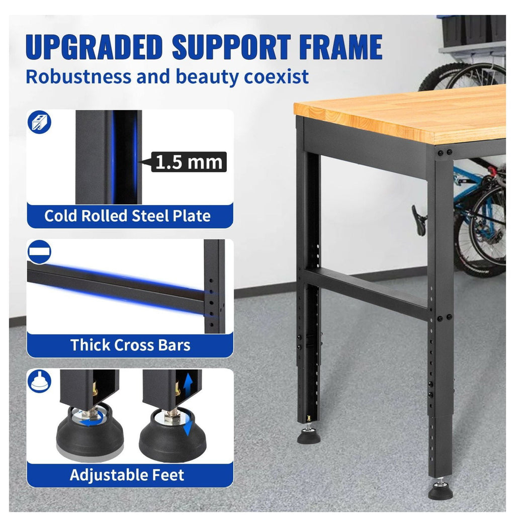 Adjustable Height Workbench 48x20, 2000 LBS Capacity Garage Work Table w/Power Outlets, Hardwood Top & Metal Frame, for Office Home DIY Projects