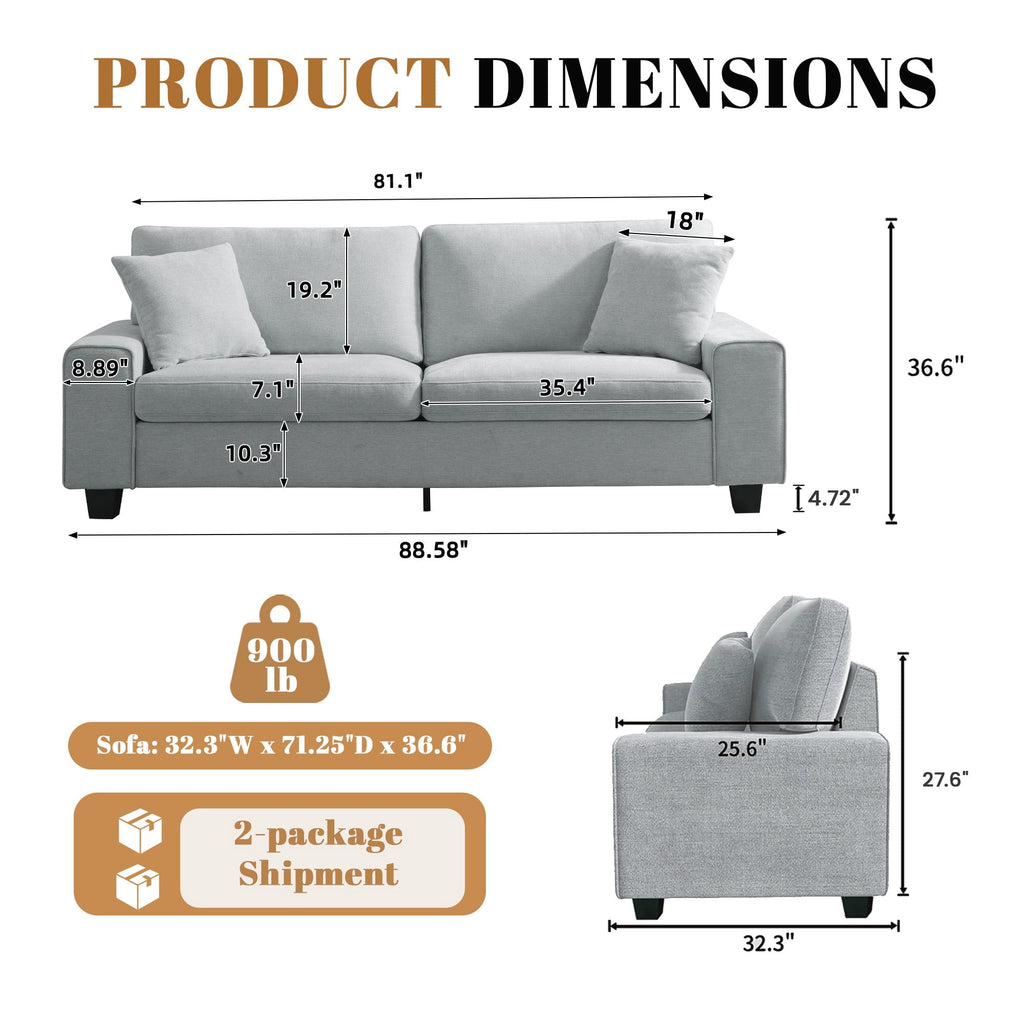 Poshby 88.58''W 3 Seater Sofa Couch with Chenille, Modern Square Arm for Living Room, Light Gray