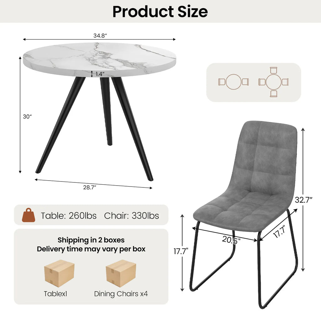 34.8 Round Dining Table for 4 People, Modern Circle Kitchen Table with Metal Legs for Kitchen, Dining Room, Apartment,Gray