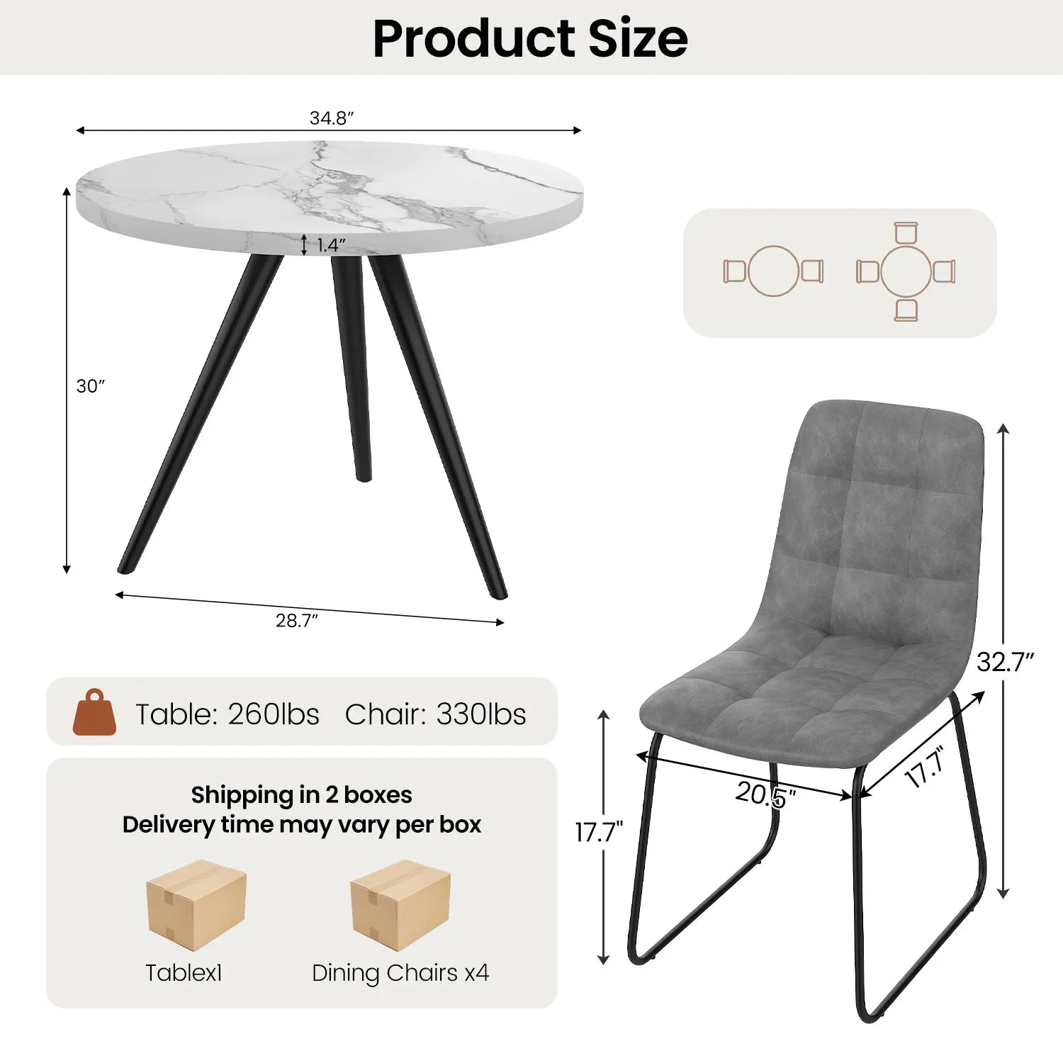 34.8 Round Dining Table for 4 People, Modern Circle Kitchen Table with Metal Legs for Kitchen, Dining Room, Apartment,Gray