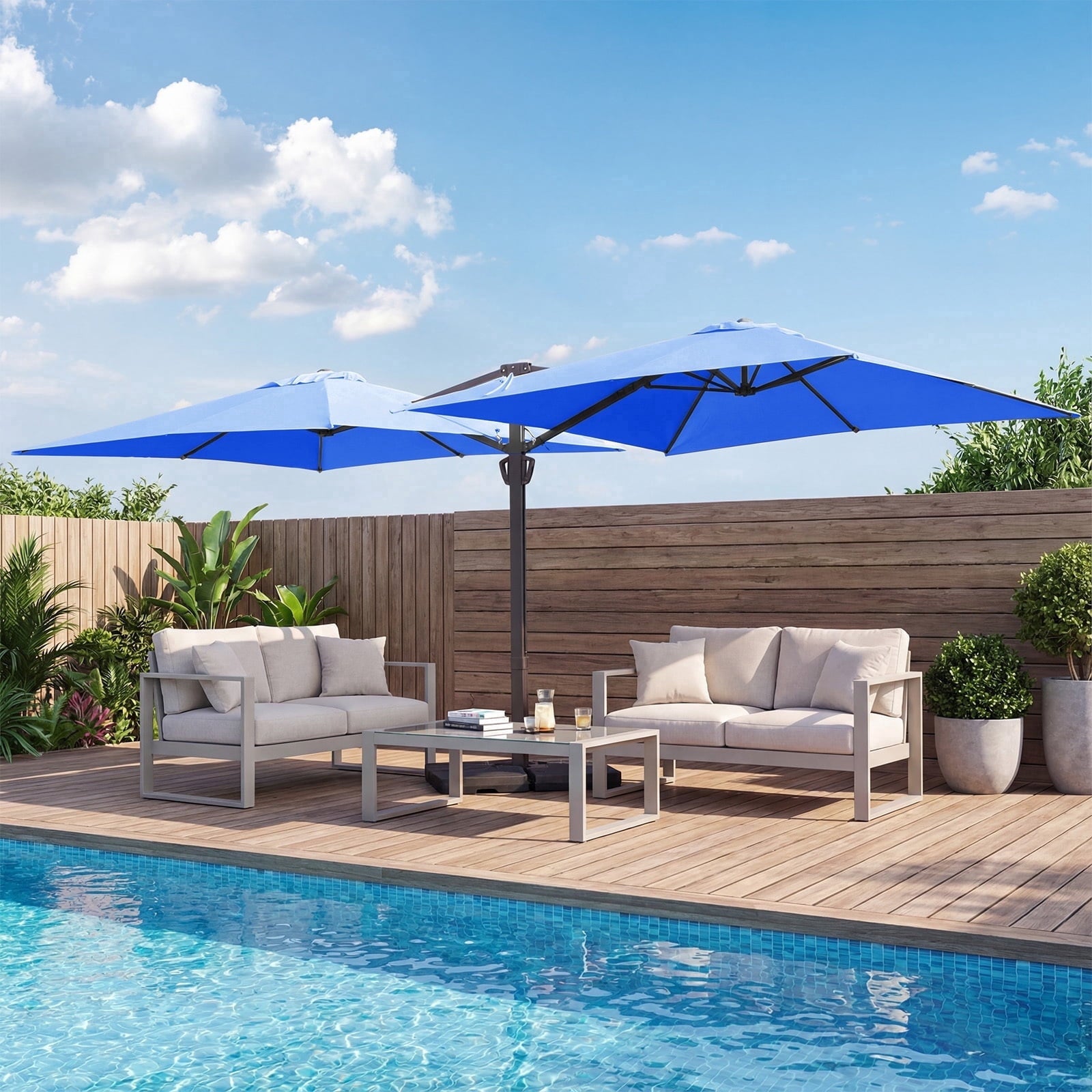 FUNDAZE 10x10ft Double Canopy Cantilever Umbrella, Patio Outdoor with Base & Cover, Waterproof UV Resistant for Garden Poolside Shade, Beige