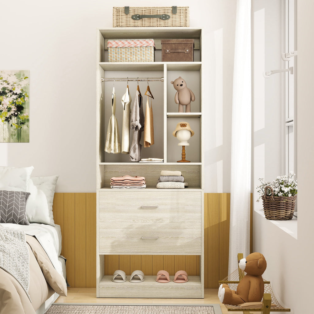 Homieasy Freestanding 24 Closet System with 2 Wood Drawers, 2FT Small Closet Organizer System with 6 Shelves & Hanging Rod, Walk-in Closet Systems for Small Closets, White