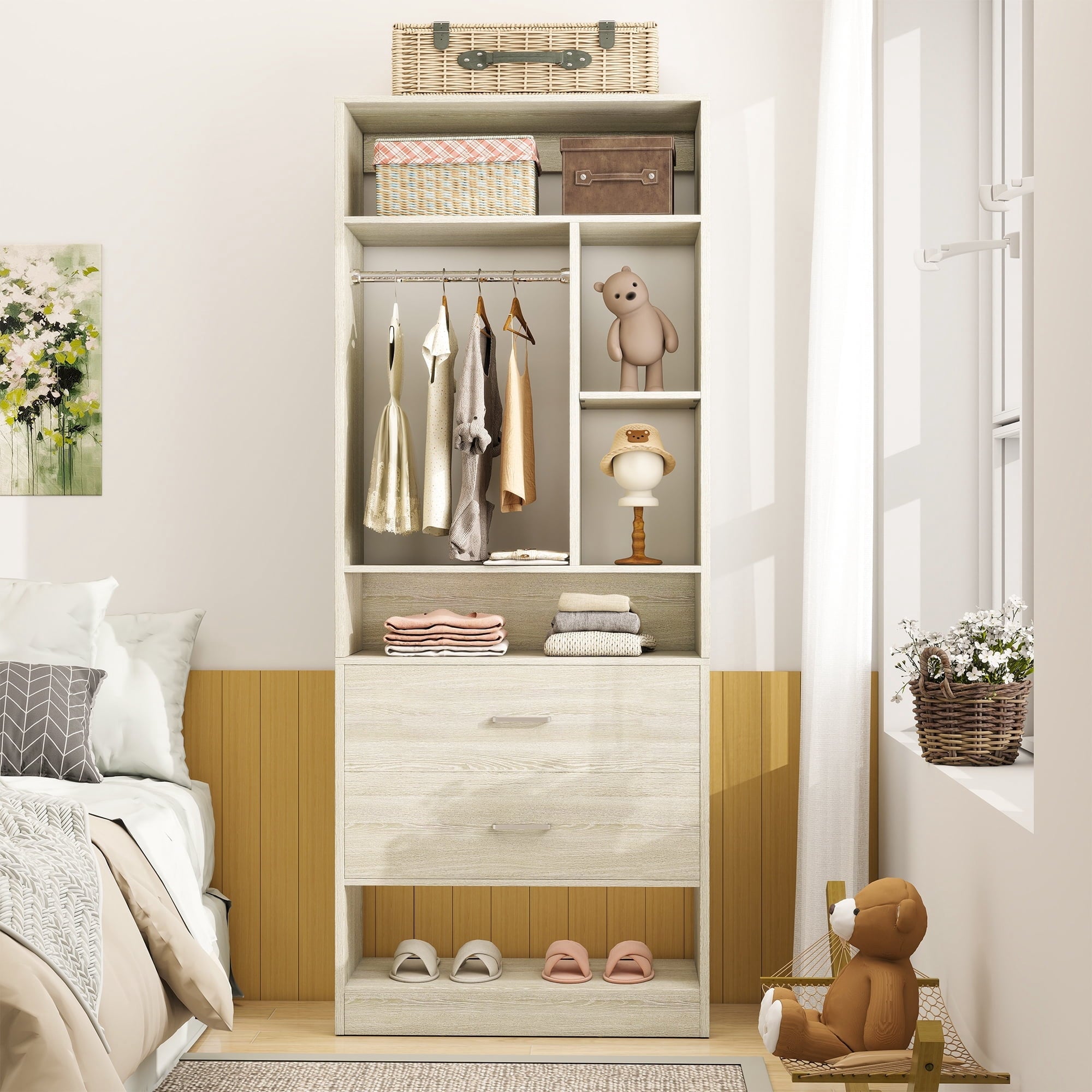 Homieasy Freestanding 24 Closet System with 2 Wood Drawers, 2FT Small Closet Organizer System with 6 Shelves & Hanging Rod, Walk-in Closet Systems for Small Closets, White