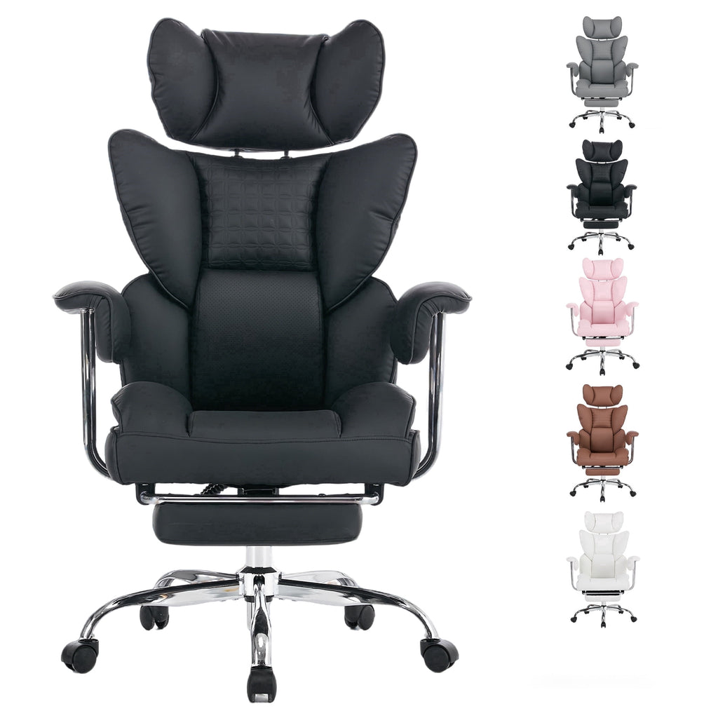 edx Executive Home Office Desk Chair, Ergonomic Big Tall High Back with Footrest & Lumbar Support, Reclining Comfy PU Leather Computer Gaming Chair with Swivel Wheels, Height Adjustable, Black