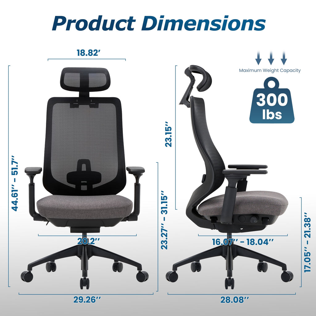 COLAMY ATLAS-01 Ergonomic Office Chair, High Back Office Executive Desk Chair, Mesh Office Chair Lumbar Support with Adjustable Headrest and 4D Arms, Slide Seat, Tilt Lock-Darkgrey