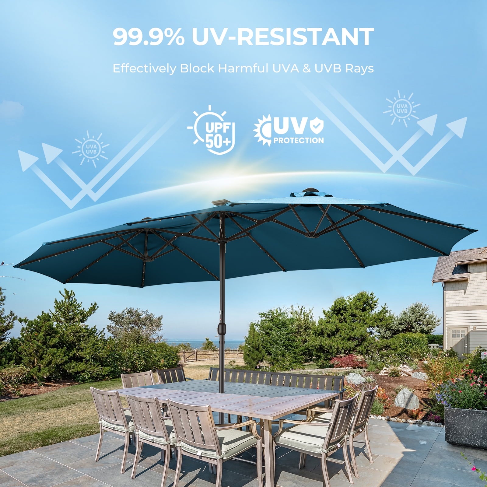 Patbrela 15ft Patio Umbrella with Light and Base, Double Sided  Large Rectangular Outdoor Umbrella with Crank Handle, for Garden, Yard, Poolside and Outdoor Activities, Gray