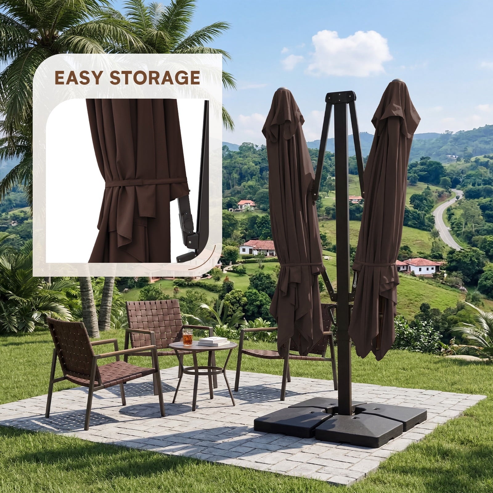 FUNDAZE 10x10ft Double Canopy Cantilever Umbrella, Patio Outdoor with Base & Cover, Waterproof UV Resistant for Garden Poolside Shade, Beige