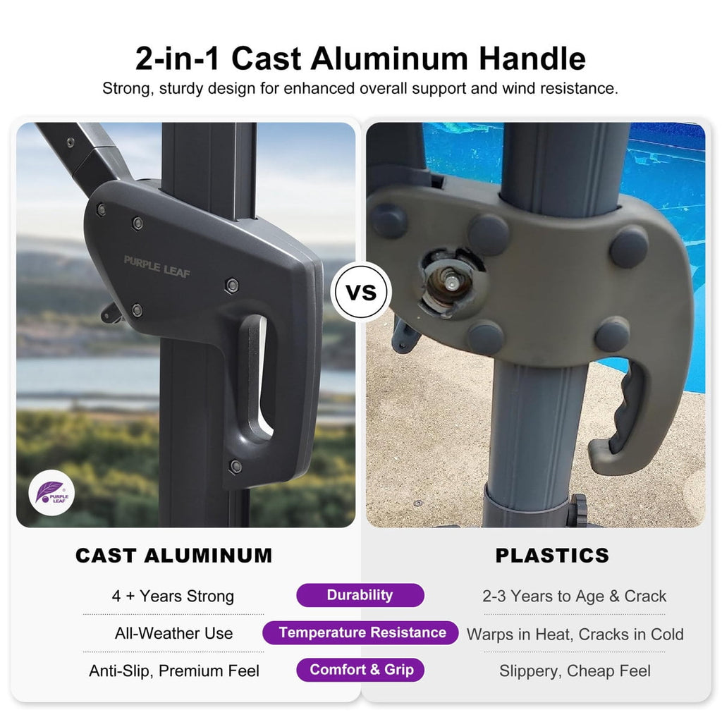 PURPLE LEAF 10x10 Ft Cantilever Umbrella Square Outdoor Patio Umbrella Large Offset Hanging Umbrella Aluminum Umbrella with 360°Rotation Adjustable Garden Pool Umbrella,Gray