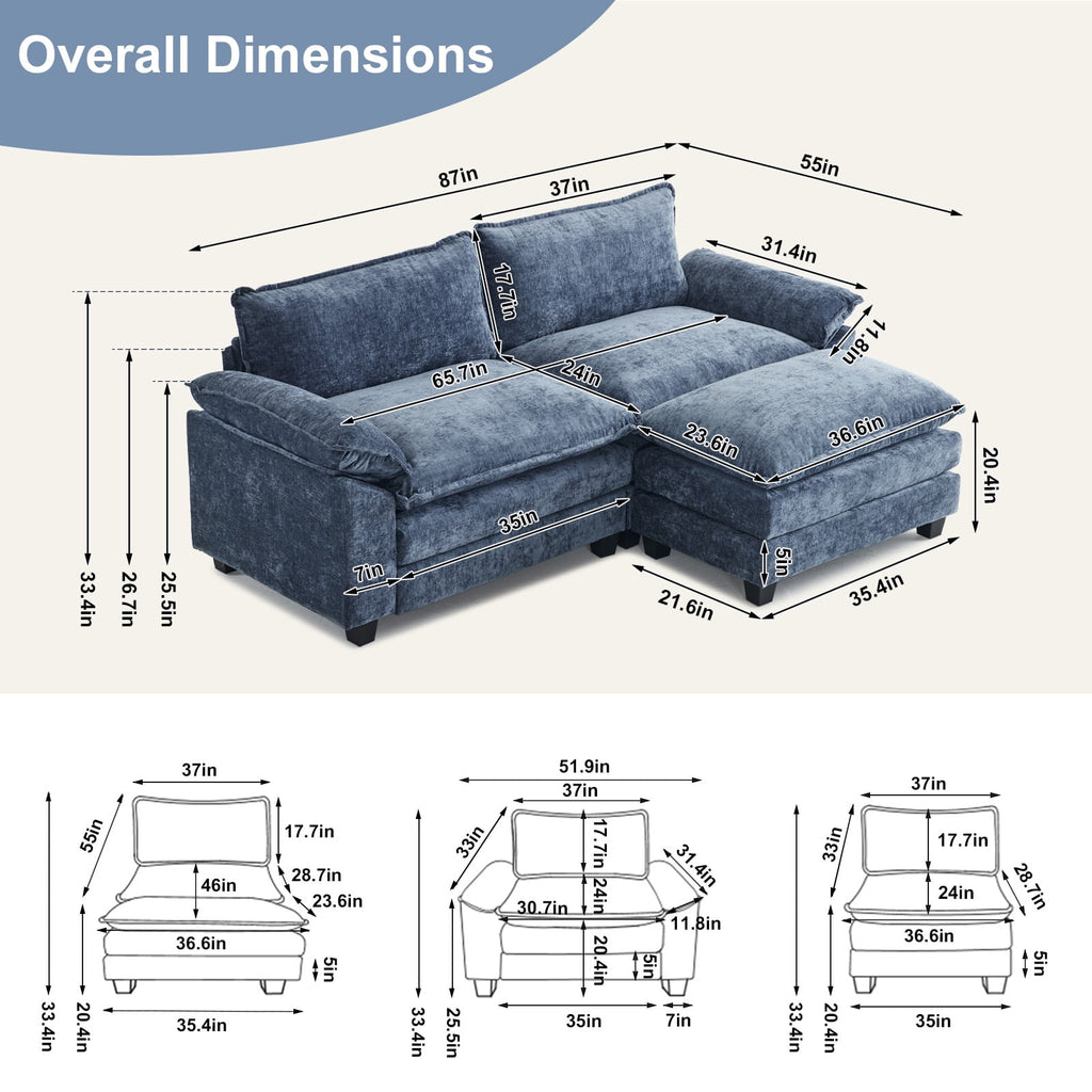 Ktaxon Sectional Sofa L Shaped Couch with Chaise Living Room Sleeper Set, 2 Seats with Chenille and Double Layer Cushions 86 W Beige