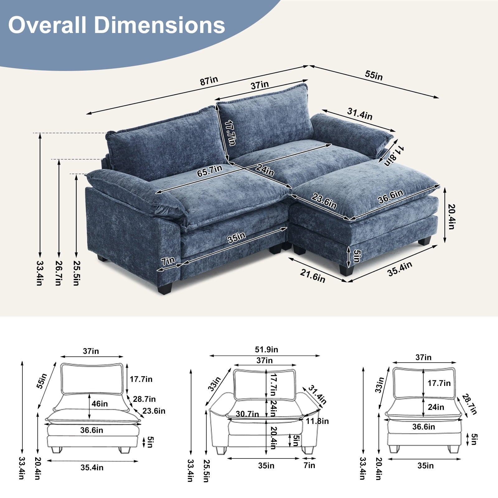 Ktaxon Sectional Sofa L Shaped Couch with Chaise Living Room Sleeper Set, 2 Seats with Chenille and Double Layer Cushions 86 W Beige