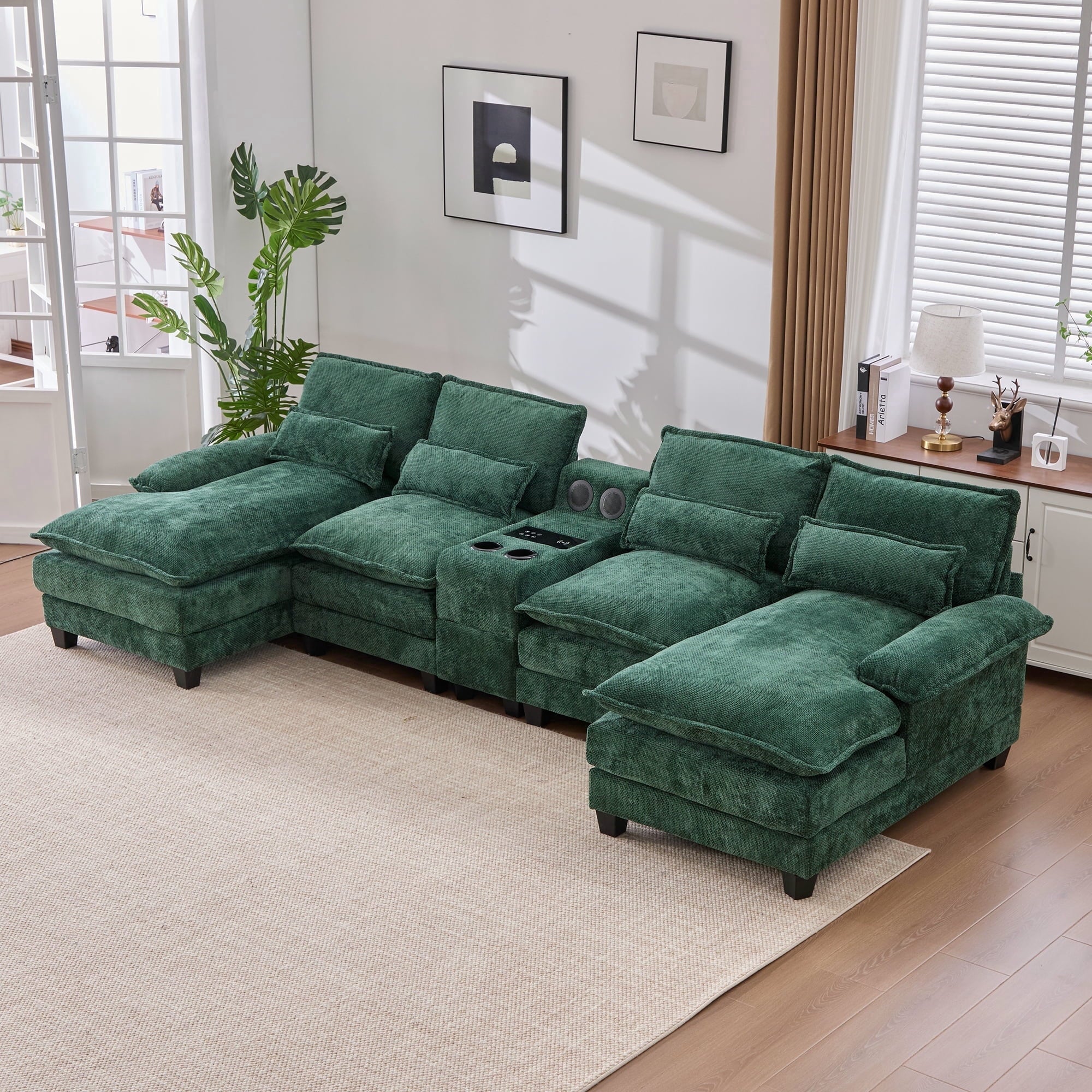 Villeston 126.77 U-Shaped Cloud Sofa With Chaise Lounge, Chenille Sofa With Wireless Charging, Bluetooth Speaker, Two Cup Holders, Storage Drawer, Suitable For Living Room,Gray