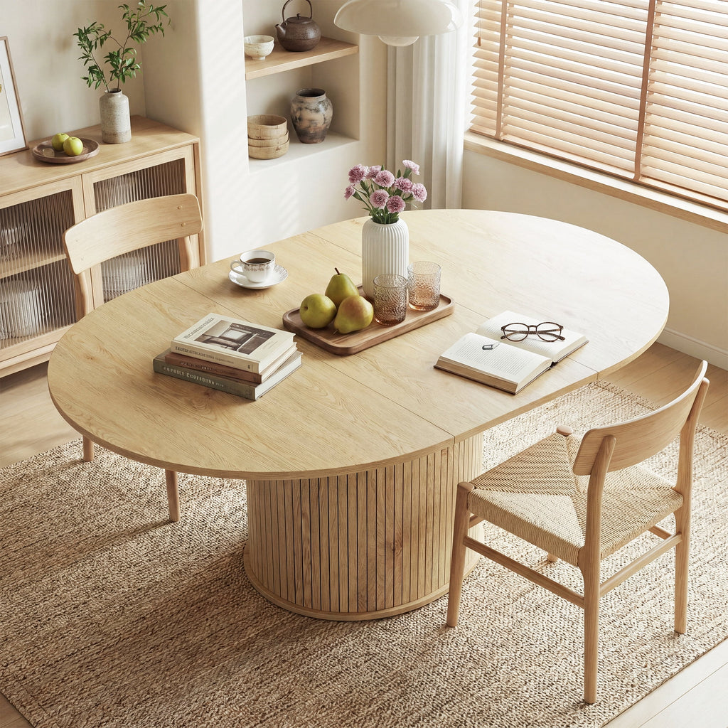 EOP 47″- 63″ Extendable Round Dining Table for 4-6, Wooden Kitchen Table with Hidden Storage and Fluted Sliding Door Cabinet, Modern Space-Saving Table for Dining Room Kitchen, Walnut