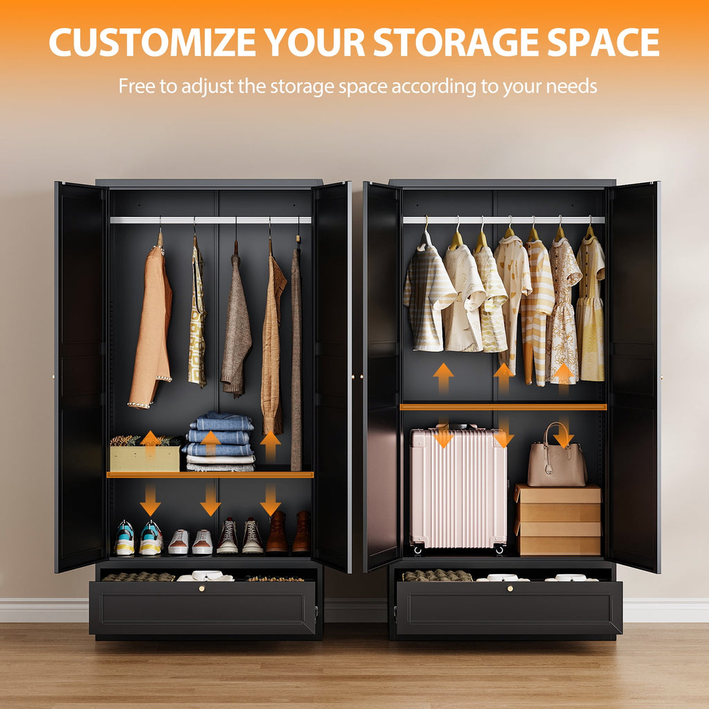 STANI Metal Wardrobe Closet with Hanging Rod, 72 White Armoire Wardrobe Cabinet with Adjustable Shelves, Clothes Storage Organizer Cabinets for Bedroom, Bathroom, Office