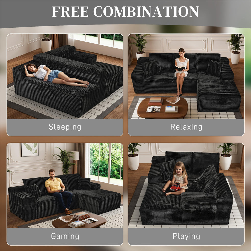 Aukfa 95 Cloud Sectional Sofa Deep Seat Boneless Couch Modular L-Shaped Couch, Left Chaise Corduroy Sofa for Living Room, Black