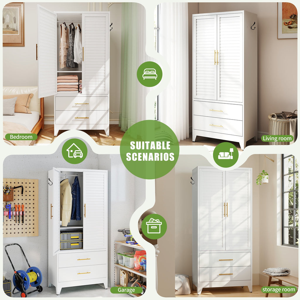 AISWORD 60 Tall Metal Wardrobe Cabinet with 1 Drawer and Hanging Rod, 2 Doors Closet with Adjustable Shelf, White