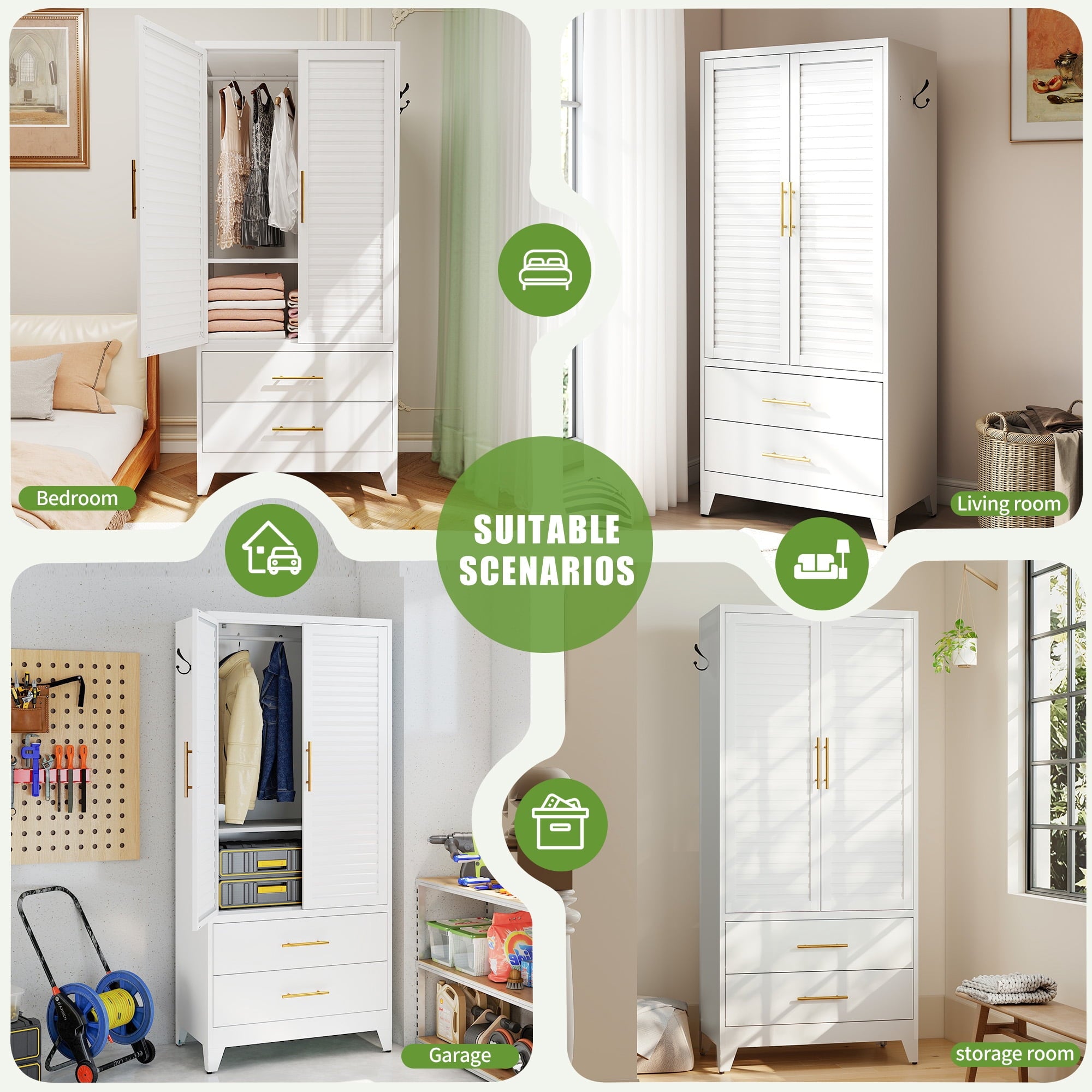 AISWORD 60 Tall Metal Wardrobe Cabinet with 1 Drawer and Hanging Rod, 2 Doors Closet with Adjustable Shelf, White