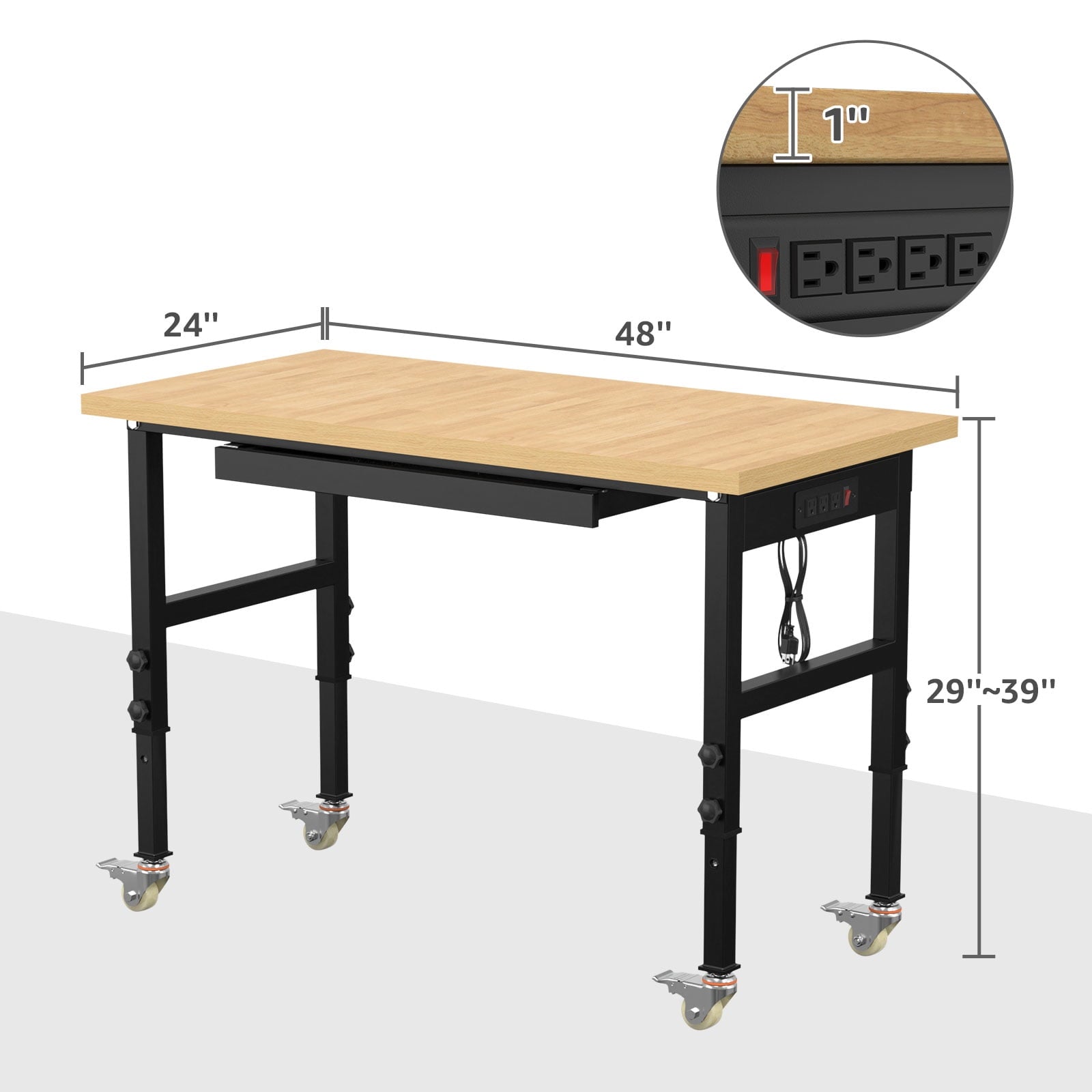 60 Adjustable Workbench,Heavy-Duty Work Table,3000 LBS Load Capacity Hardwood Workstation Outlets with Power strips and Wheels,for Workshop, Garage