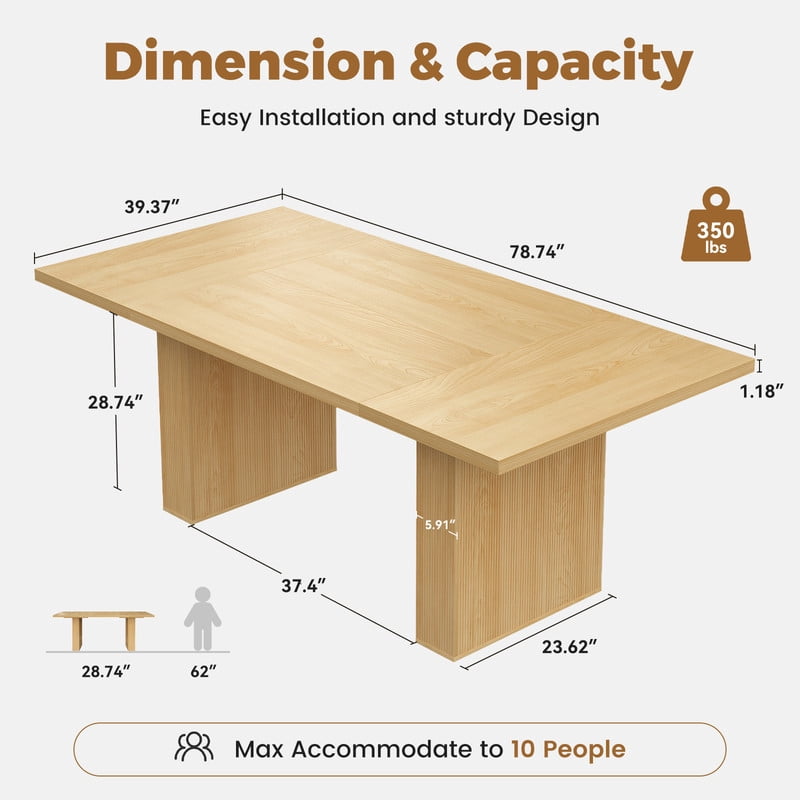 Hawsaiy 78 Rectangular Farmhouse Dining Table for 6–8, Large Kitchen Table with Grooved Wood Base, Thick Waterproof Top for Dining Room, Walnut