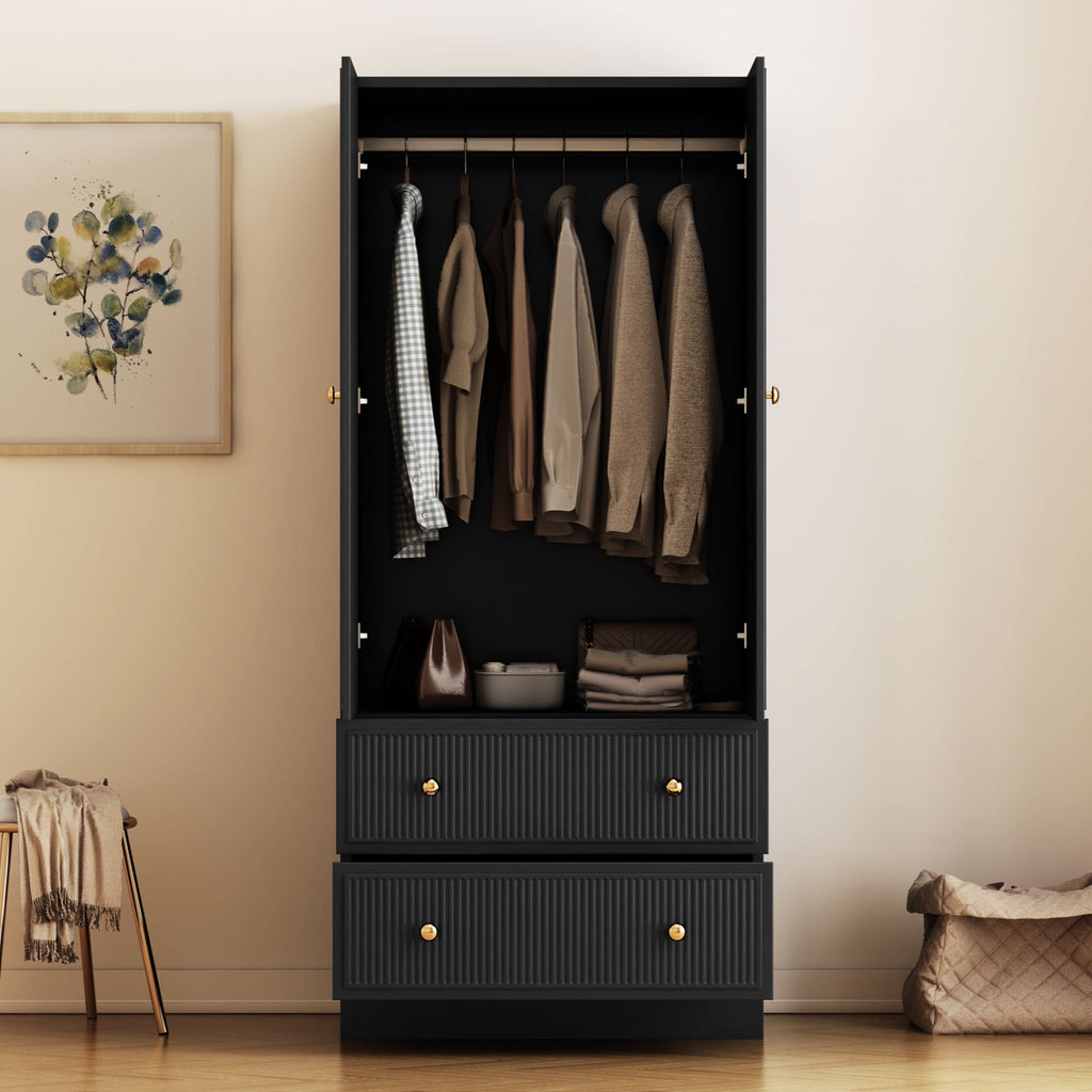 Wirrytor Freestanding Wooden Armoire Wardrobe with 2 Woven Doors and Storage Drawers, Space-Saving Closet Cabinet for Bedroom, Sturdy Mdf Board Closet with Hanging Rail